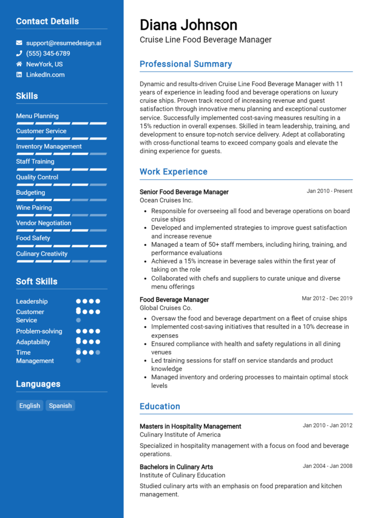 Cruise Line Food Beverage Manager Resume Example