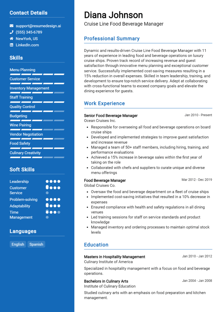 18 Cruise Line Food & Beverage Manager Resume Examples And Templates for 2025 (Downloadable)