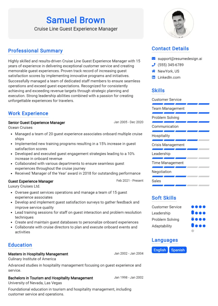 Cruise Line Guest Experience Manager Resume Example