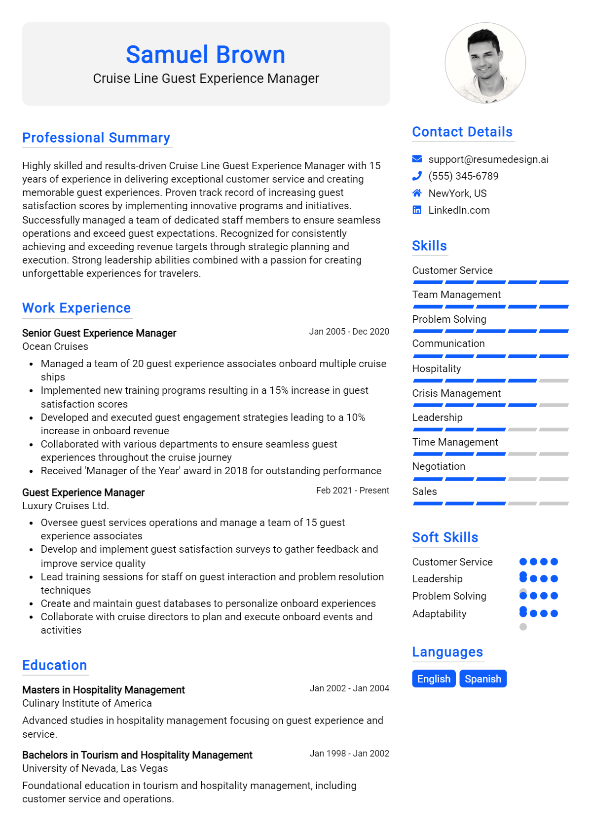 Cruise Line Guest Experience Manager Resume Example