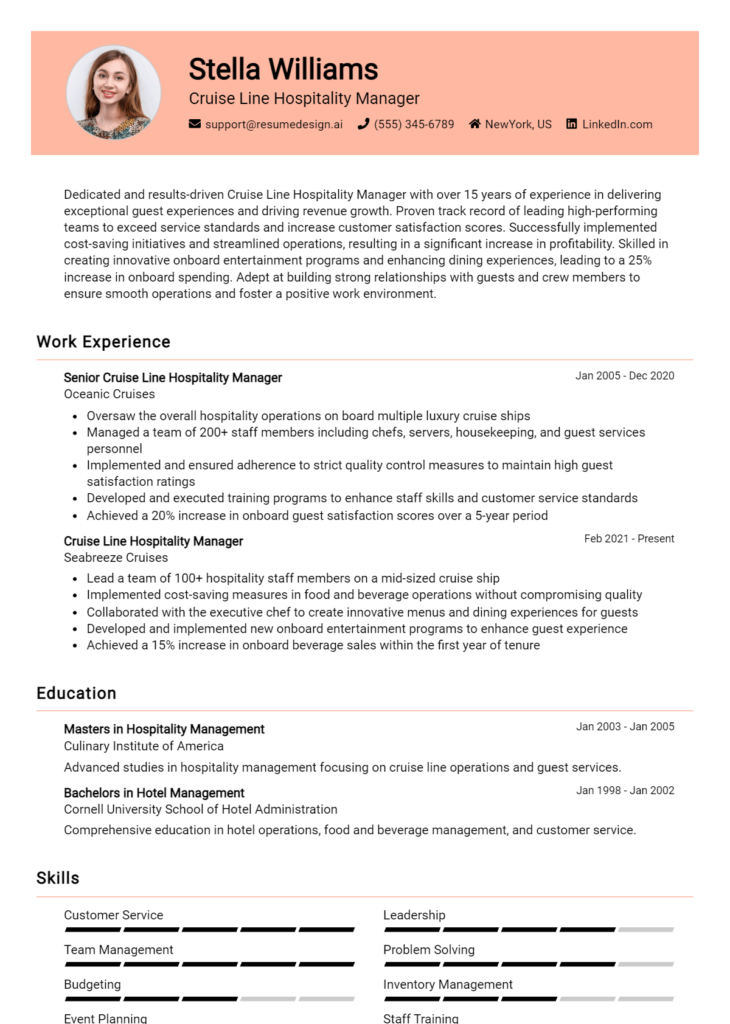 Cruise Line Hospitality Manager Resume Example