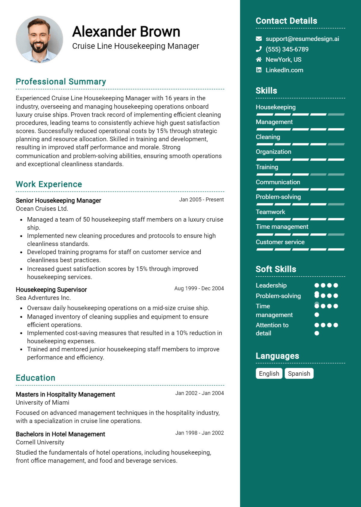 Cruise Line Housekeeping Manager Resume Example