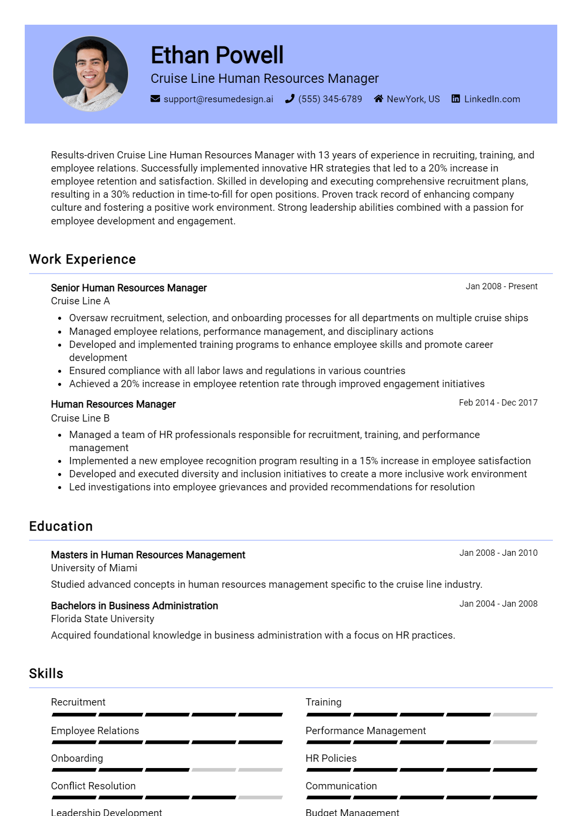 Cruise Line Human Resources Manager Resume Example