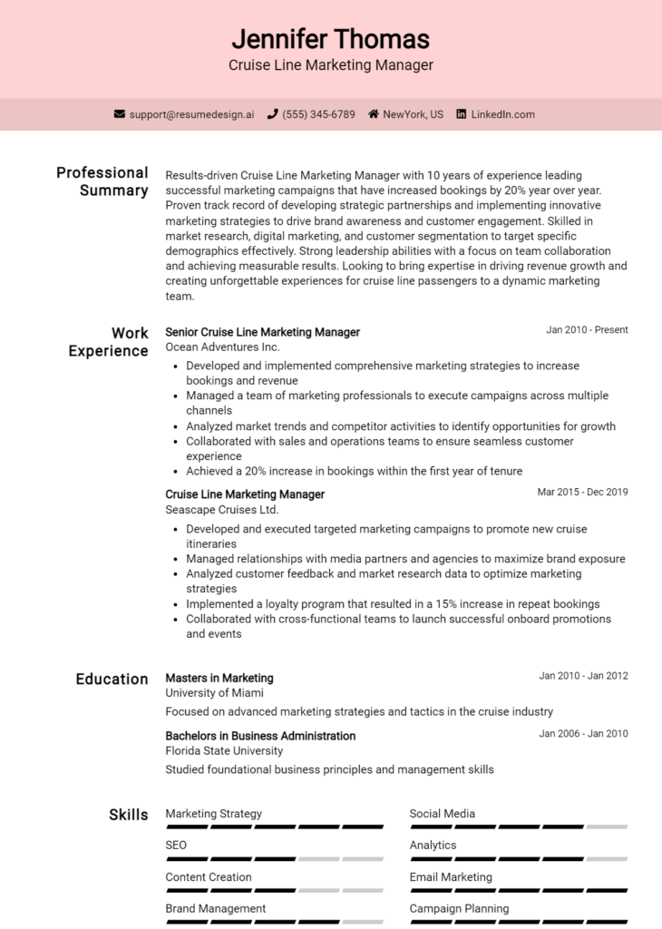 Cruise Line Marketing Manager Resume Example