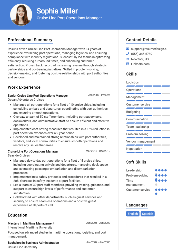 Cruise Line Port Operations Manager Resume Example