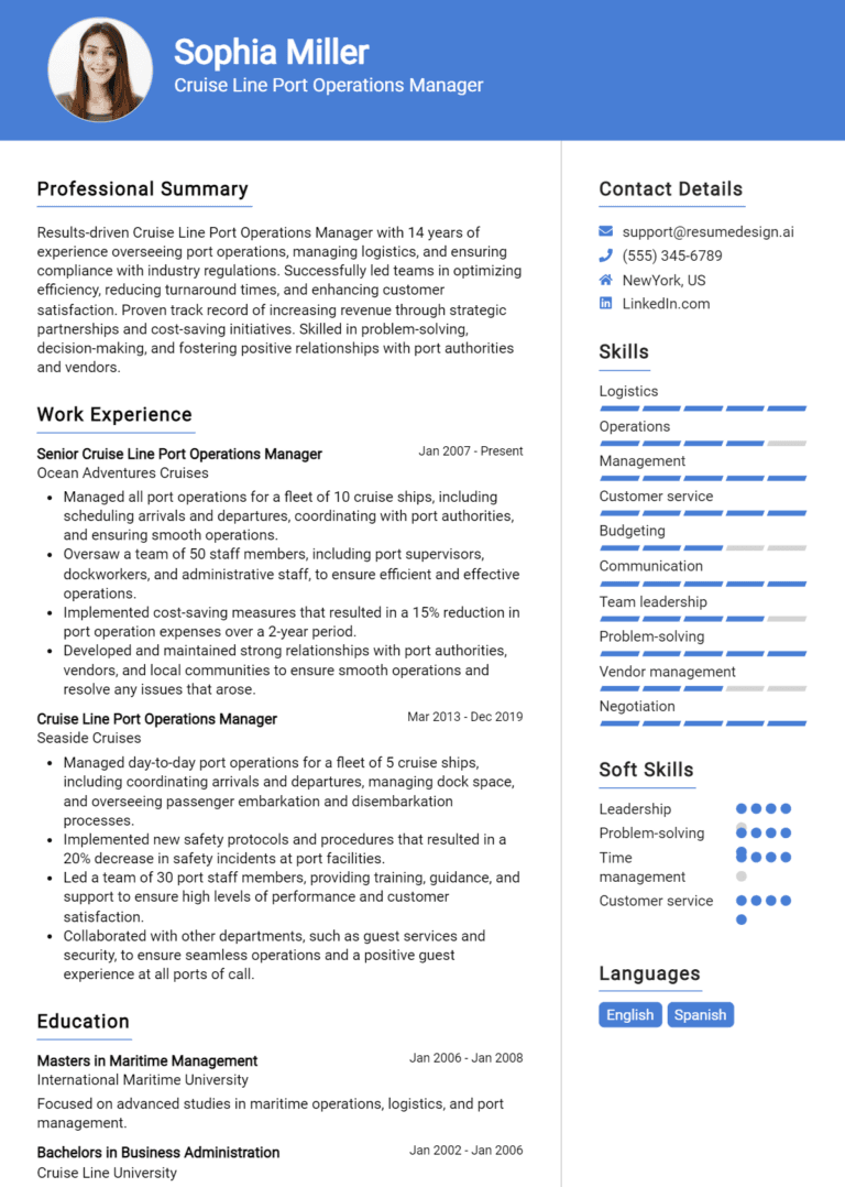 18 Cruise Line Port Operations Manager Resume Examples And Templates for 2025 [Guide]