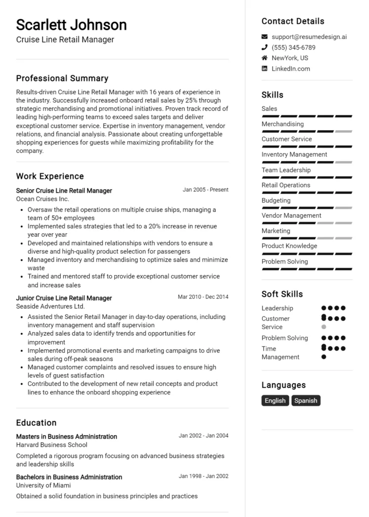 Cruise Line Retail Manager Resume Example