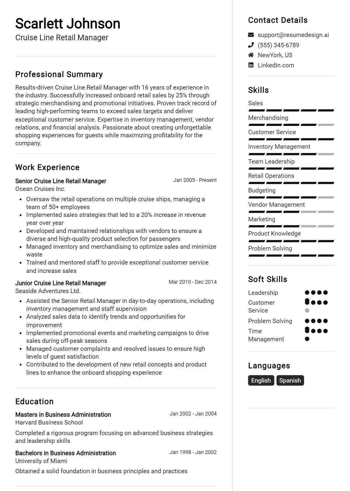 Cruise Line Retail Manager Resume Example