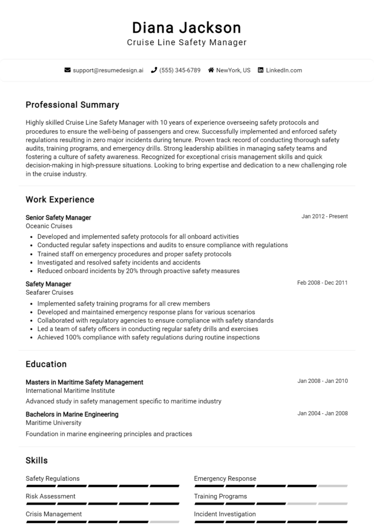 Cruise Line Safety Manager Resume Example