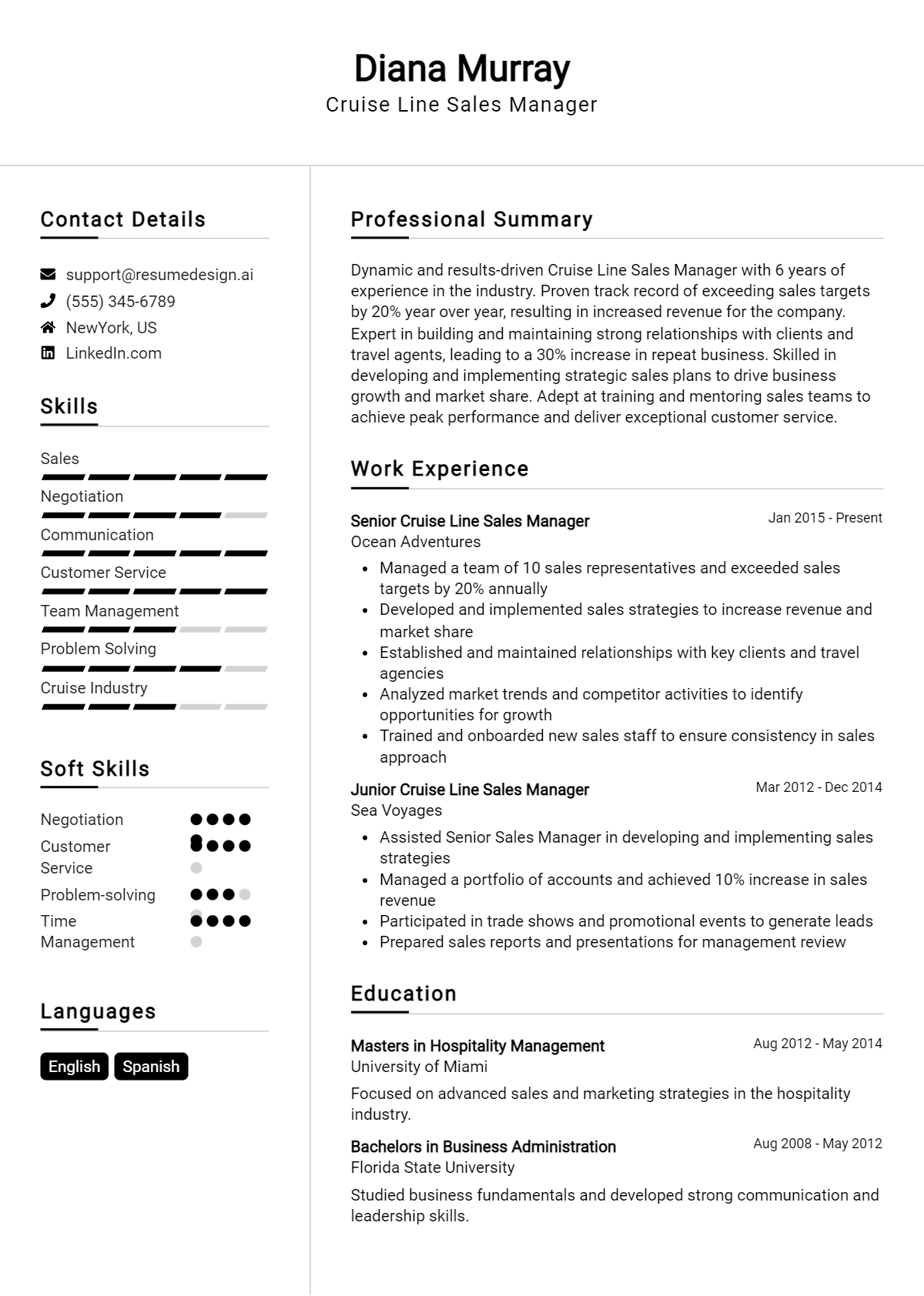 Cruise Line Sales Manager Resume Example