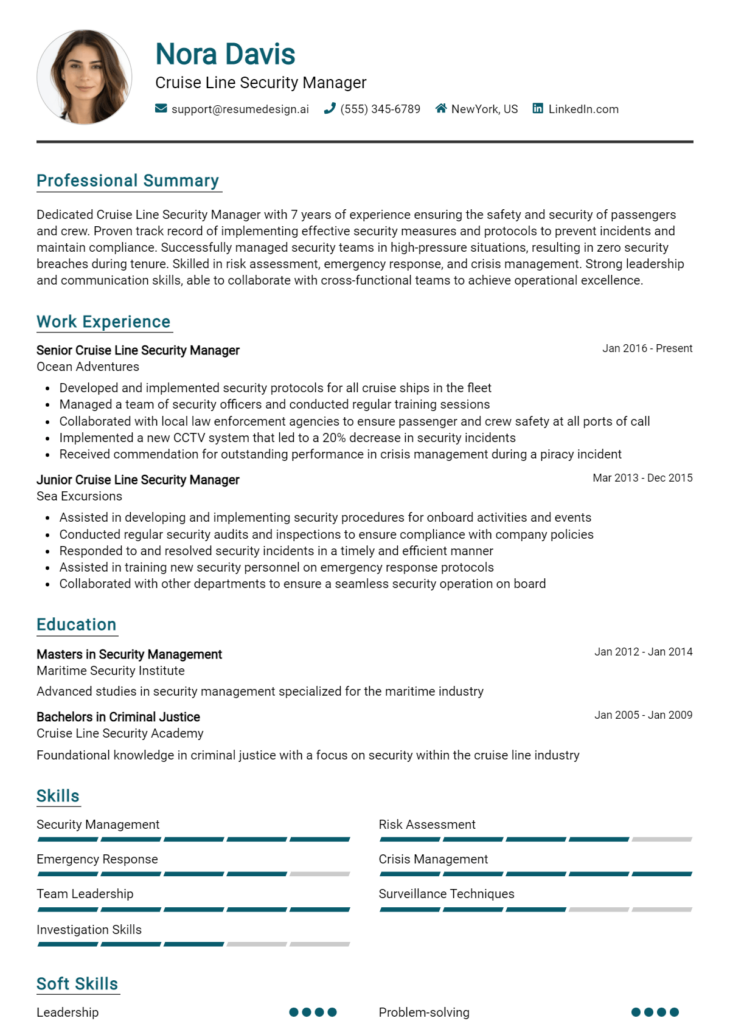 Cruise Line Security Manager Resume Example