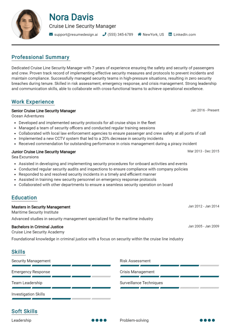 18 Cruise Line Security Manager Resume Examples And Templates for 2025: Best Tips