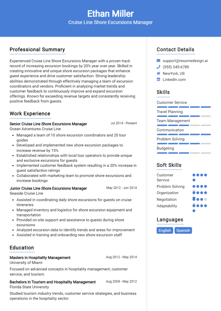 Cruise Line Shore Excursions Manager Resume Example