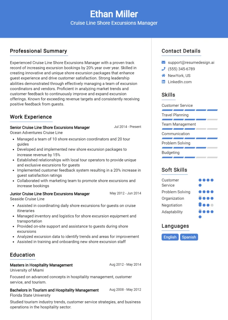 Cruise Line Shore Excursions Manager Resume Example