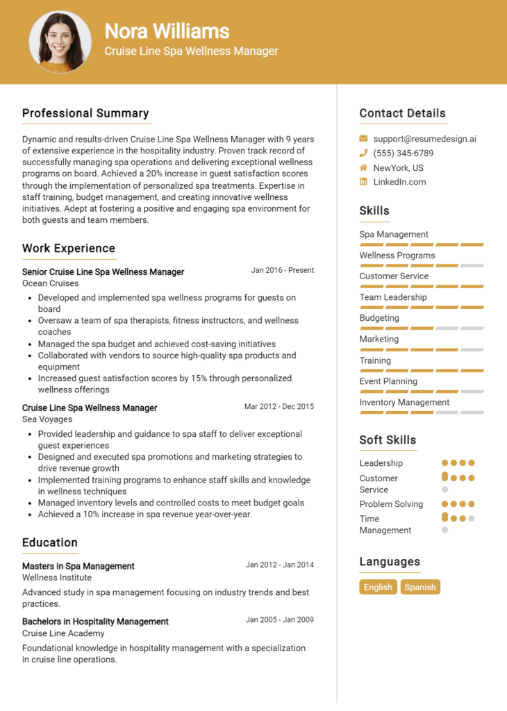 Cruise Line Spa Wellness Manager Resume Example