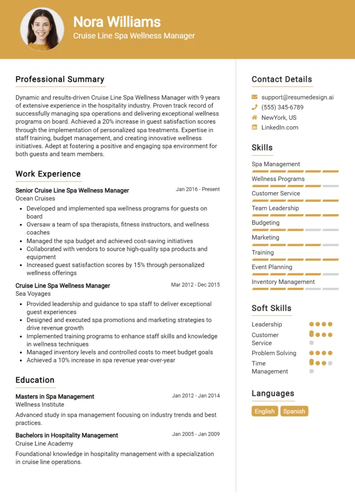 Cruise Line Spa Wellness Manager Resume Example