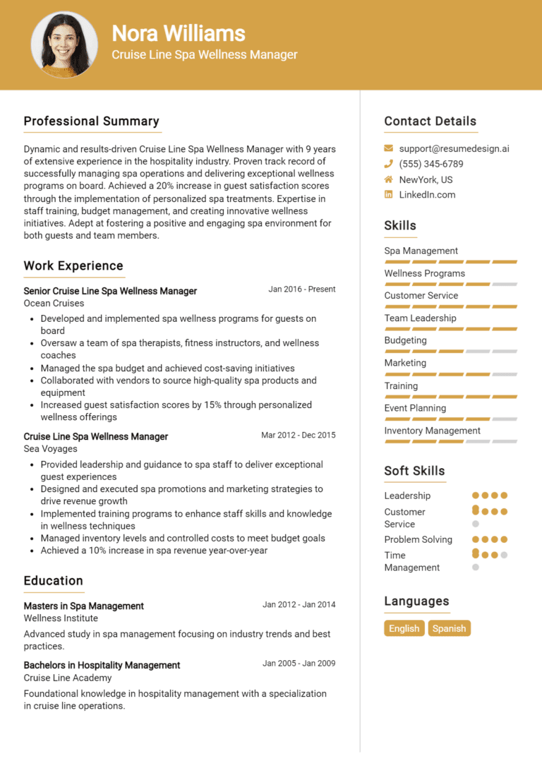 18 Cruise Line Spa & Wellness Manager Resume Examples And Templates for 2025