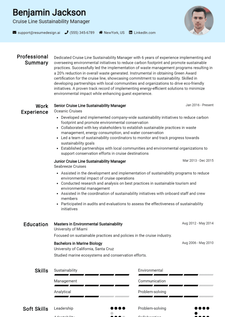 18 Cruise Line Sustainability Manager Resume Examples And Templates for 2025
