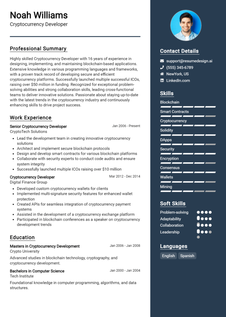 Cryptocurrency Developer Resume Example