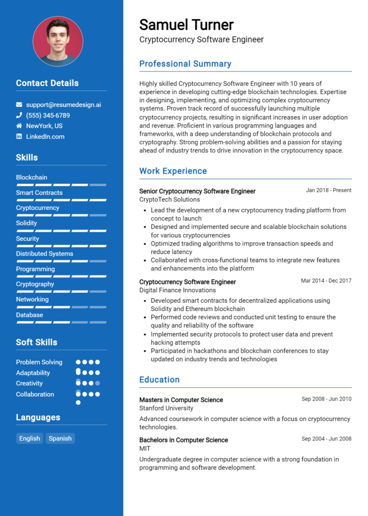 Cryptocurrency Software Engineer Resume Example