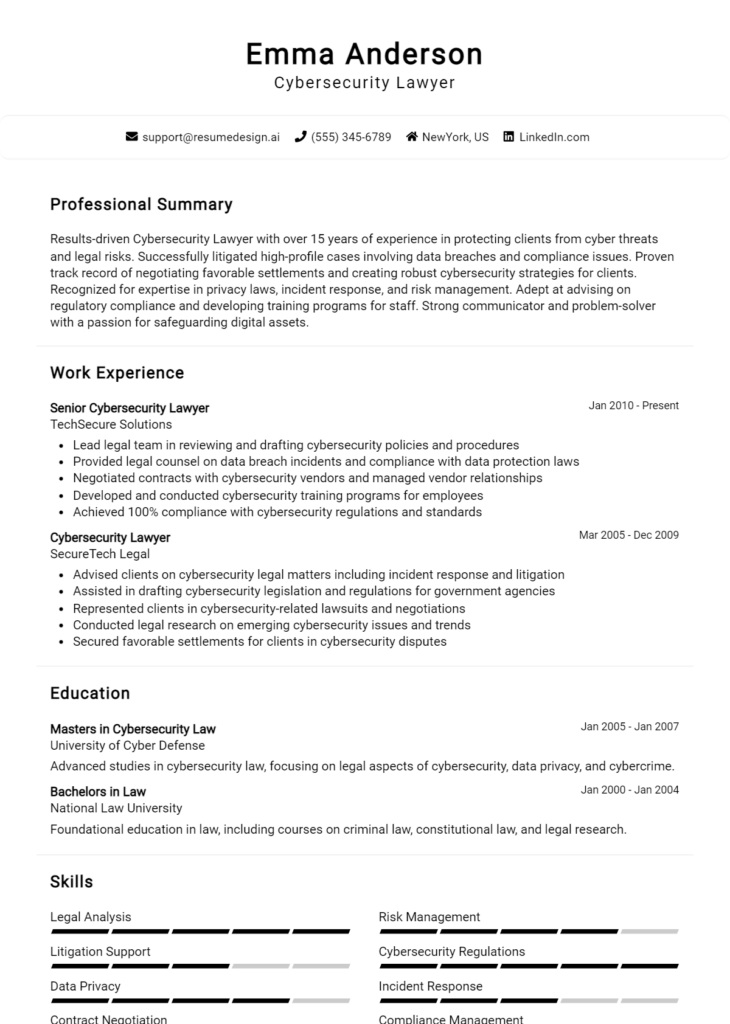 Cybersecurity Lawyer Resume Example