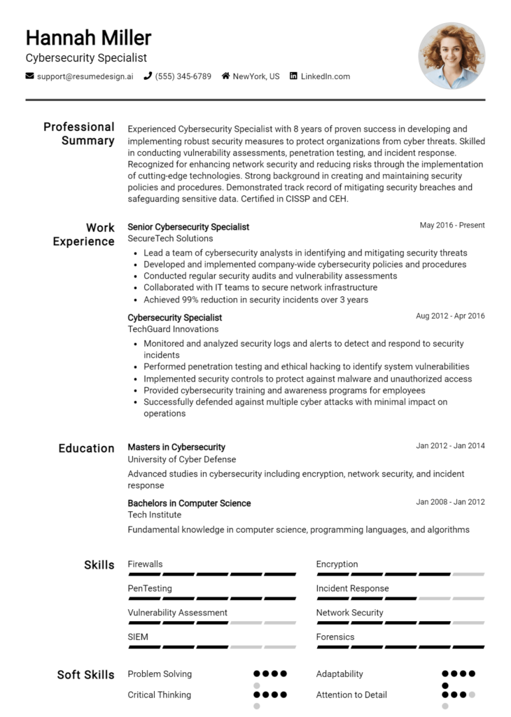 Cybersecurity Specialist Resume Example