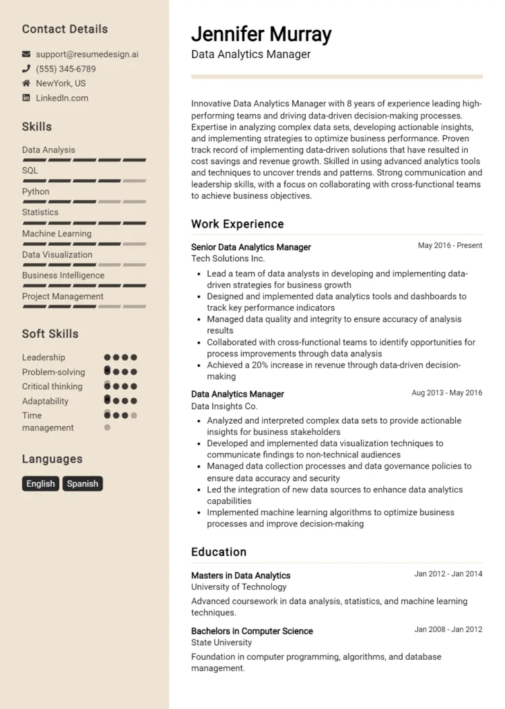 Data Analytics Manager Resume Example