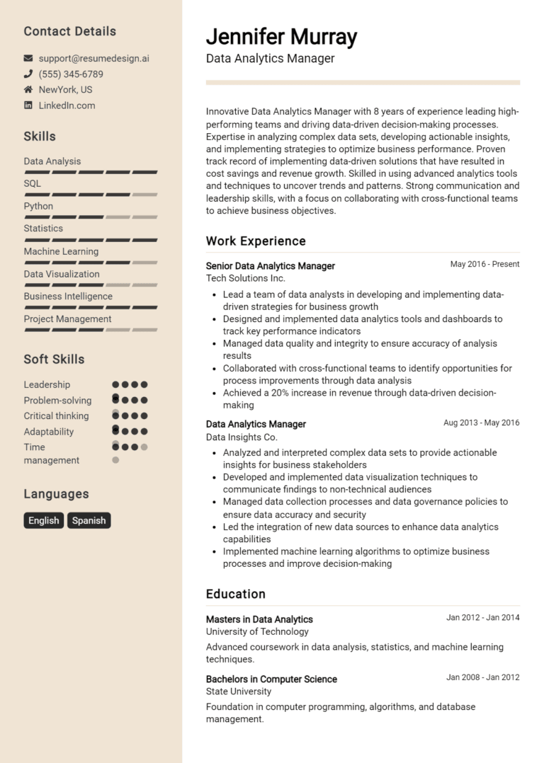 16 Data Analytics Manager Resume Examples And Templates for 2025
