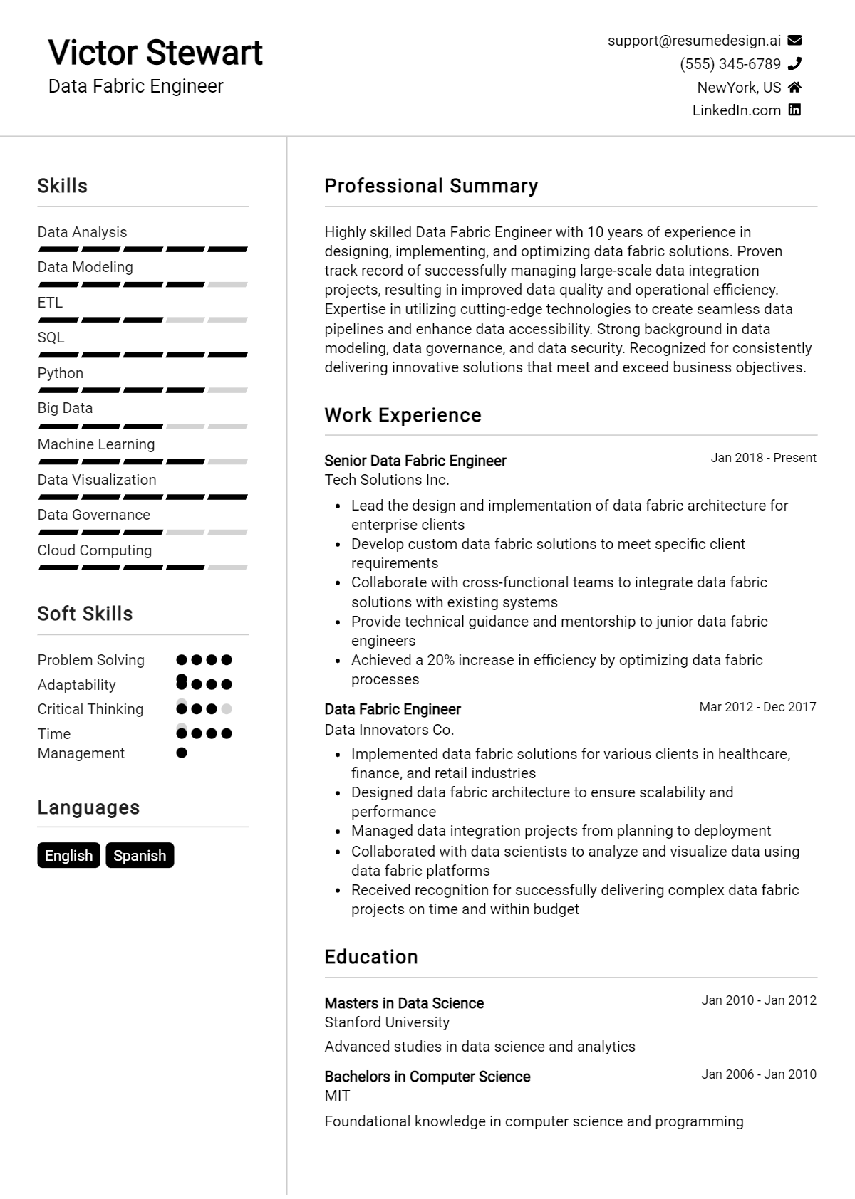 Data Fabric Engineer Resume Example