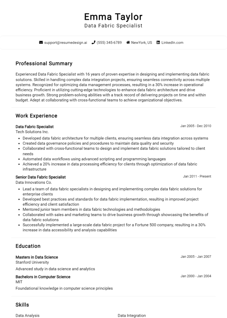 Data Fabric Specialist Resume Example