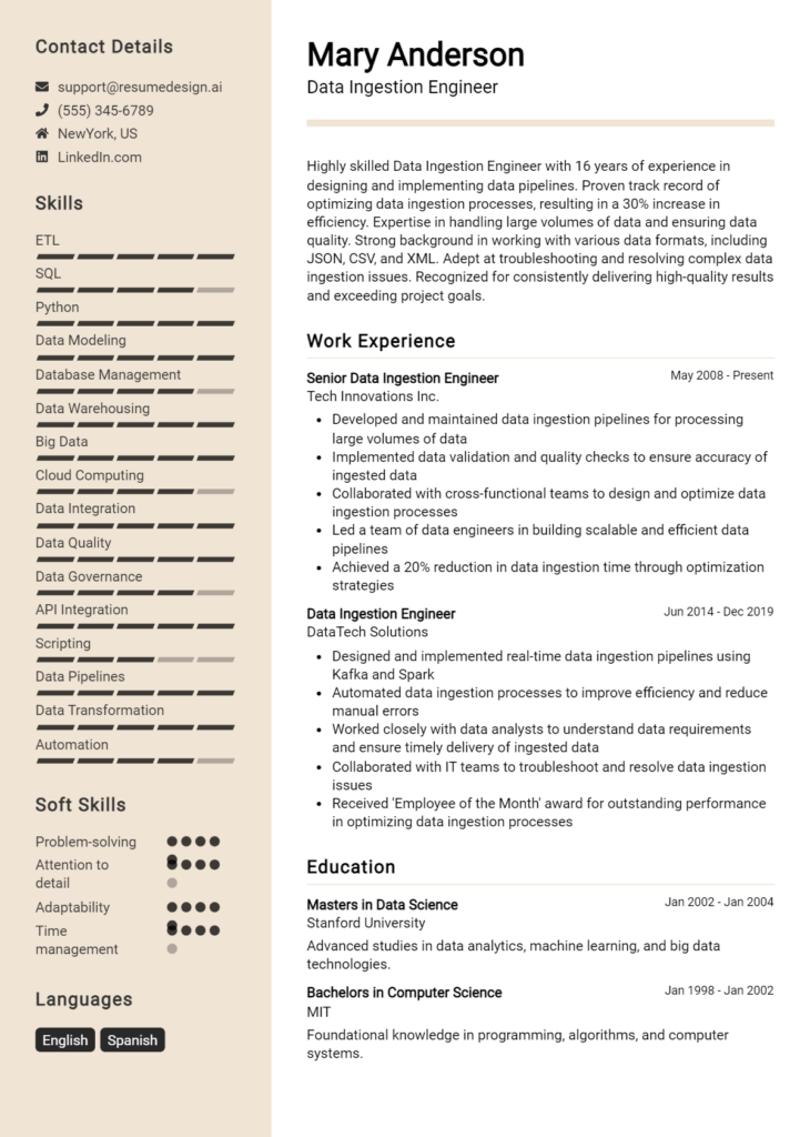 Data Ingestion Engineer Resume Example