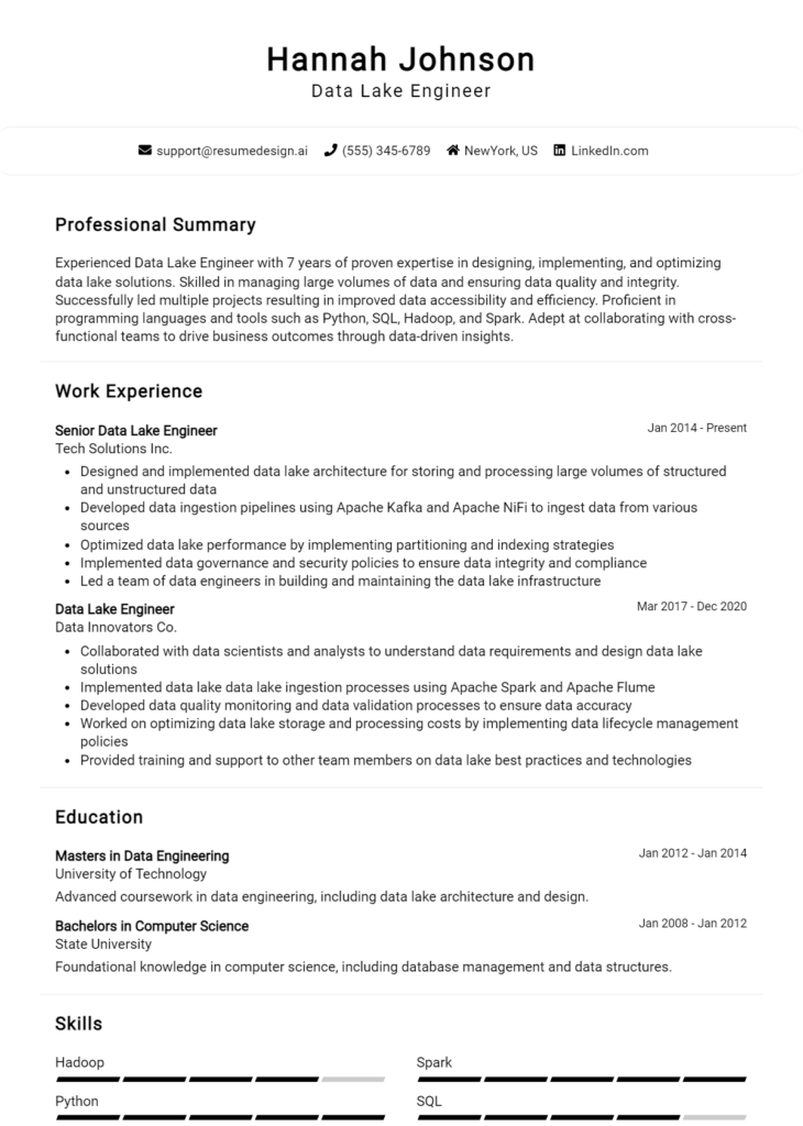 Data Lake Engineer Resume Example