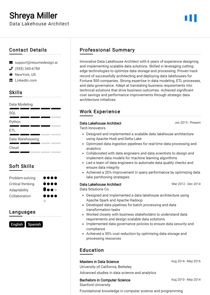 Data Lakehouse Architect Resume Example