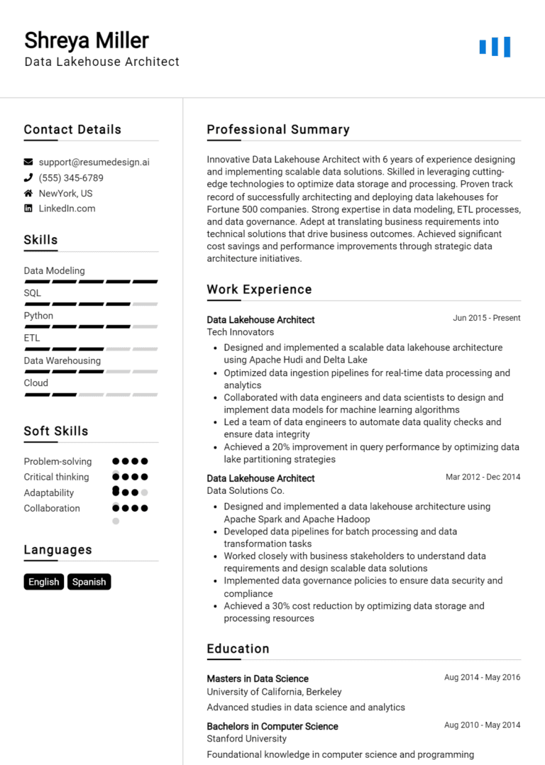 23 Data Lakehouse Architect Resume Examples And Templates for 2025