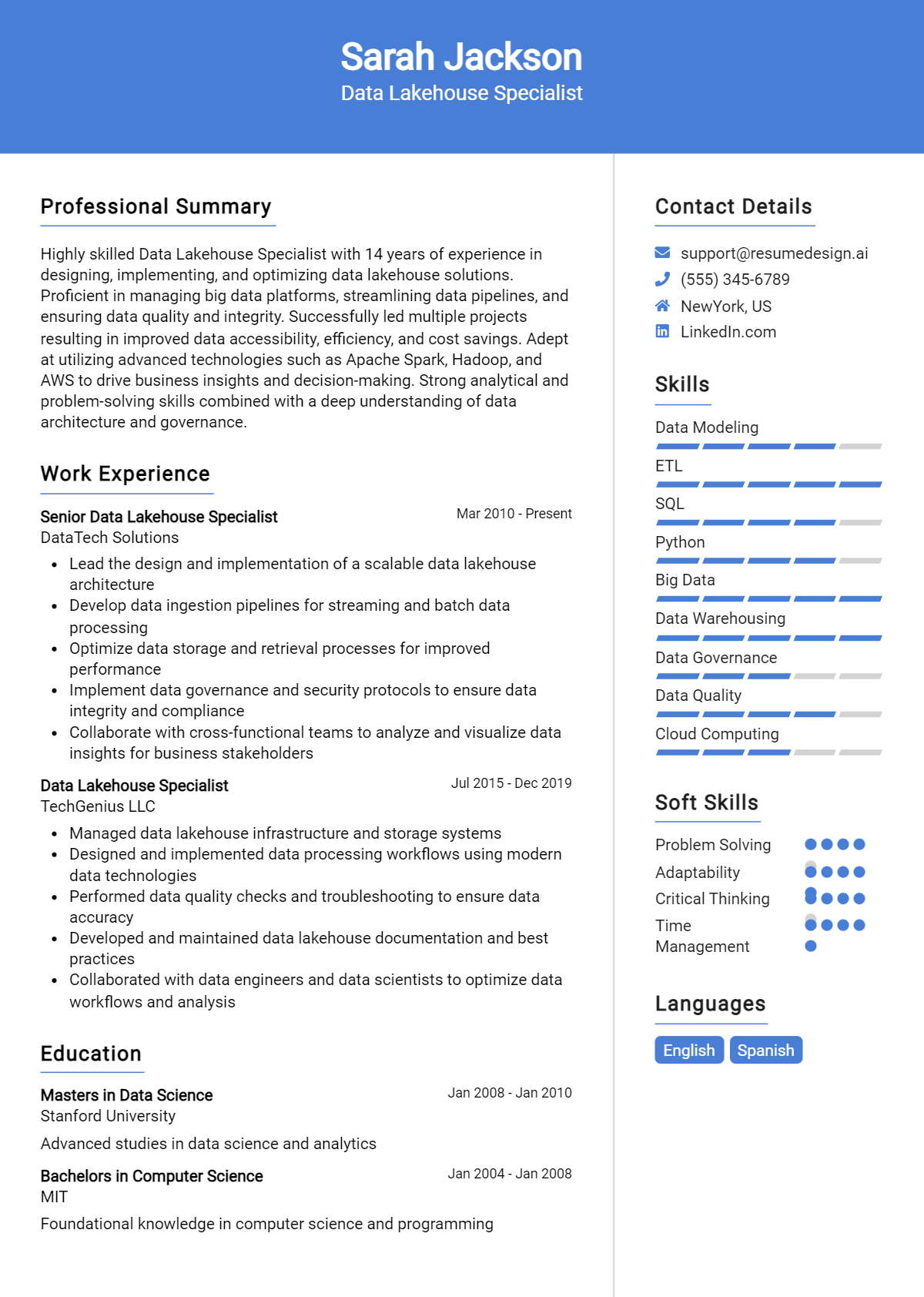 Data Lakehouse Specialist Resume Example