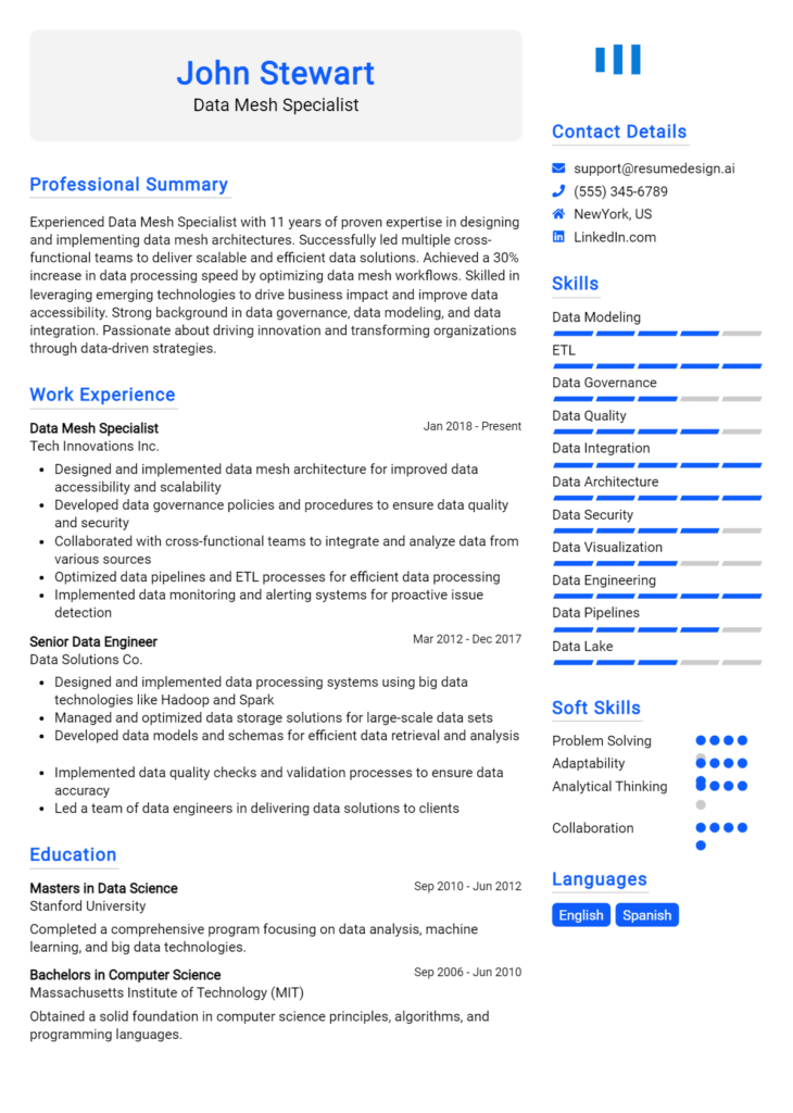 Data Mesh Specialist Resume Example