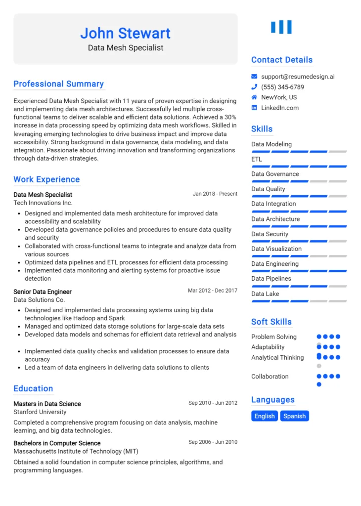 Data Mesh Specialist Resume Example