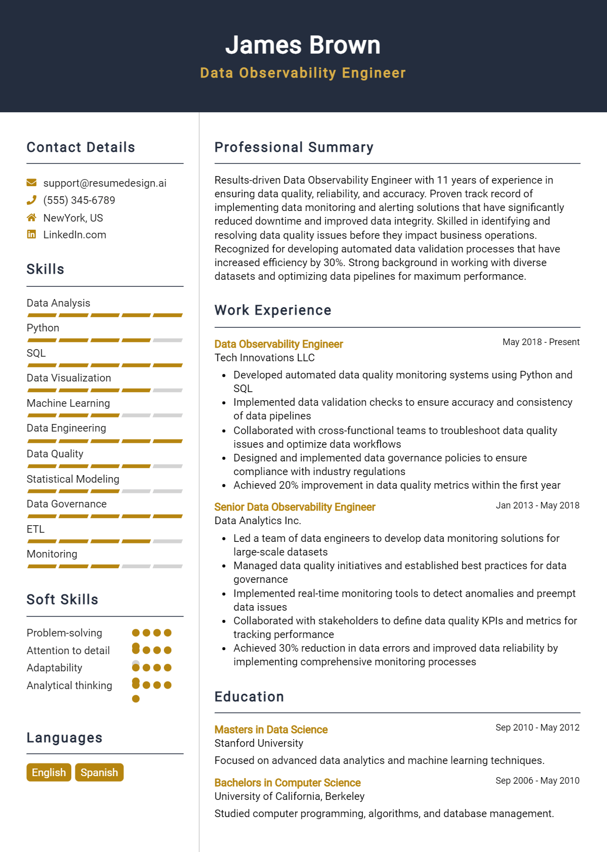 Data Observability Engineer Resume Example