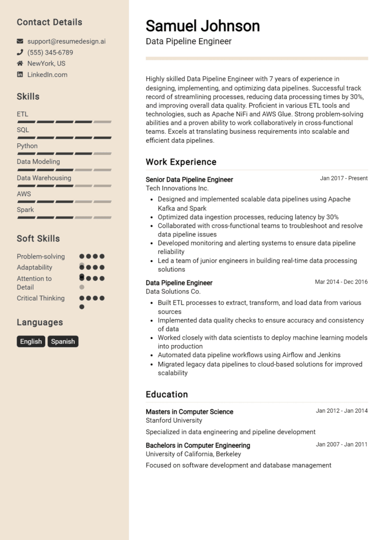 23 Data Engineer Resume Examples And Templates for 2025 - ResumeDesign.ai