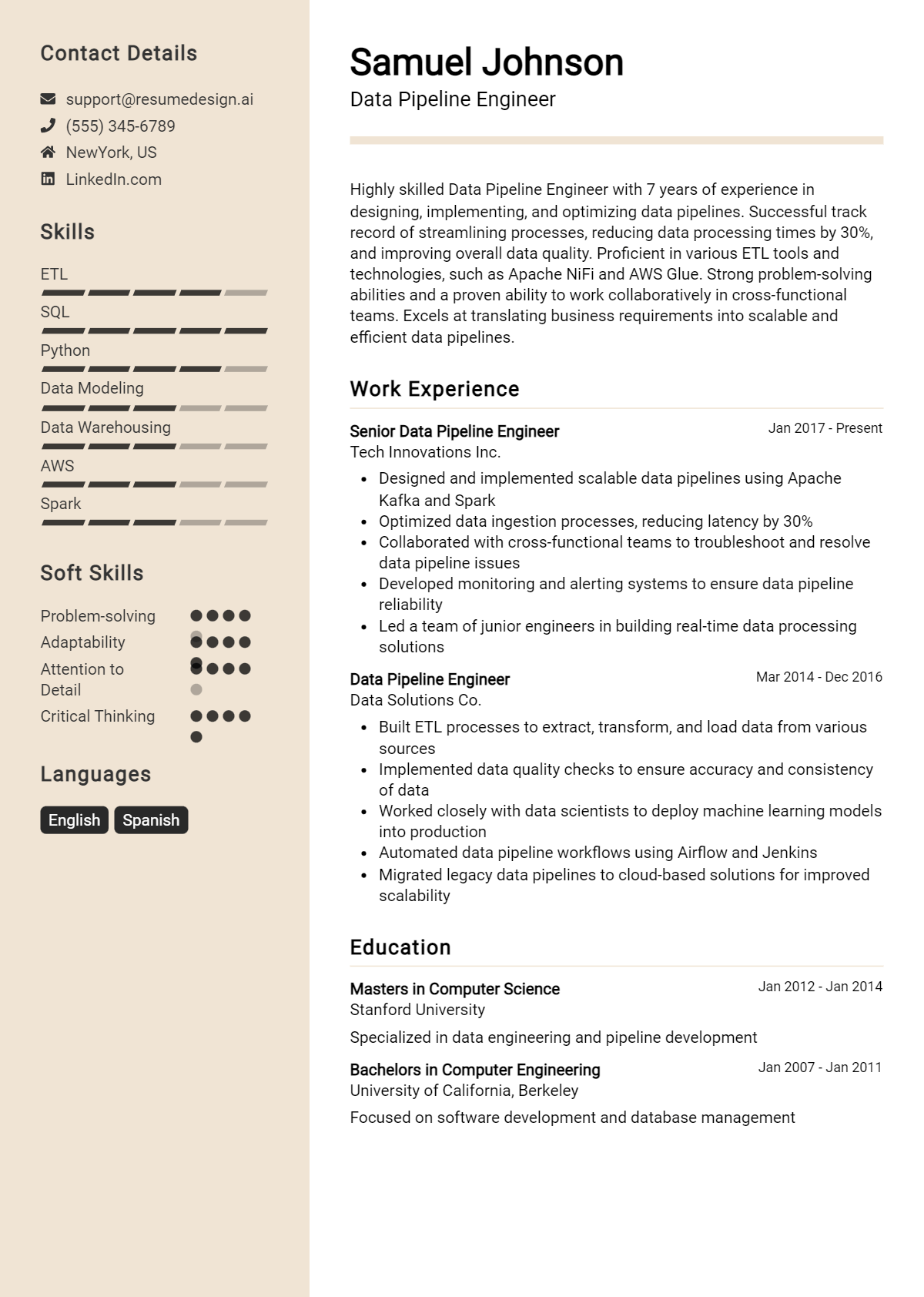 Data Pipeline Engineer Resume Example