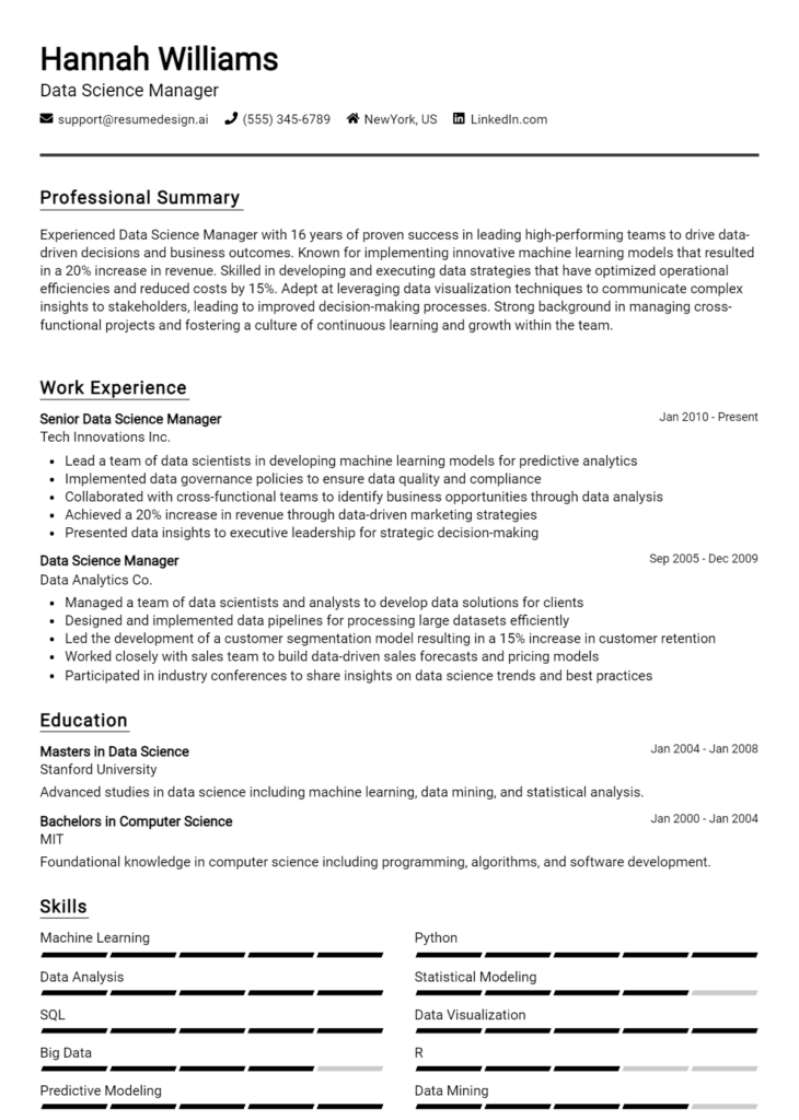 Data Science Manager Resume Example