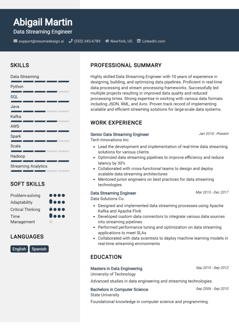 23 Data Streaming Engineer Resume Examples And Templates for 2025