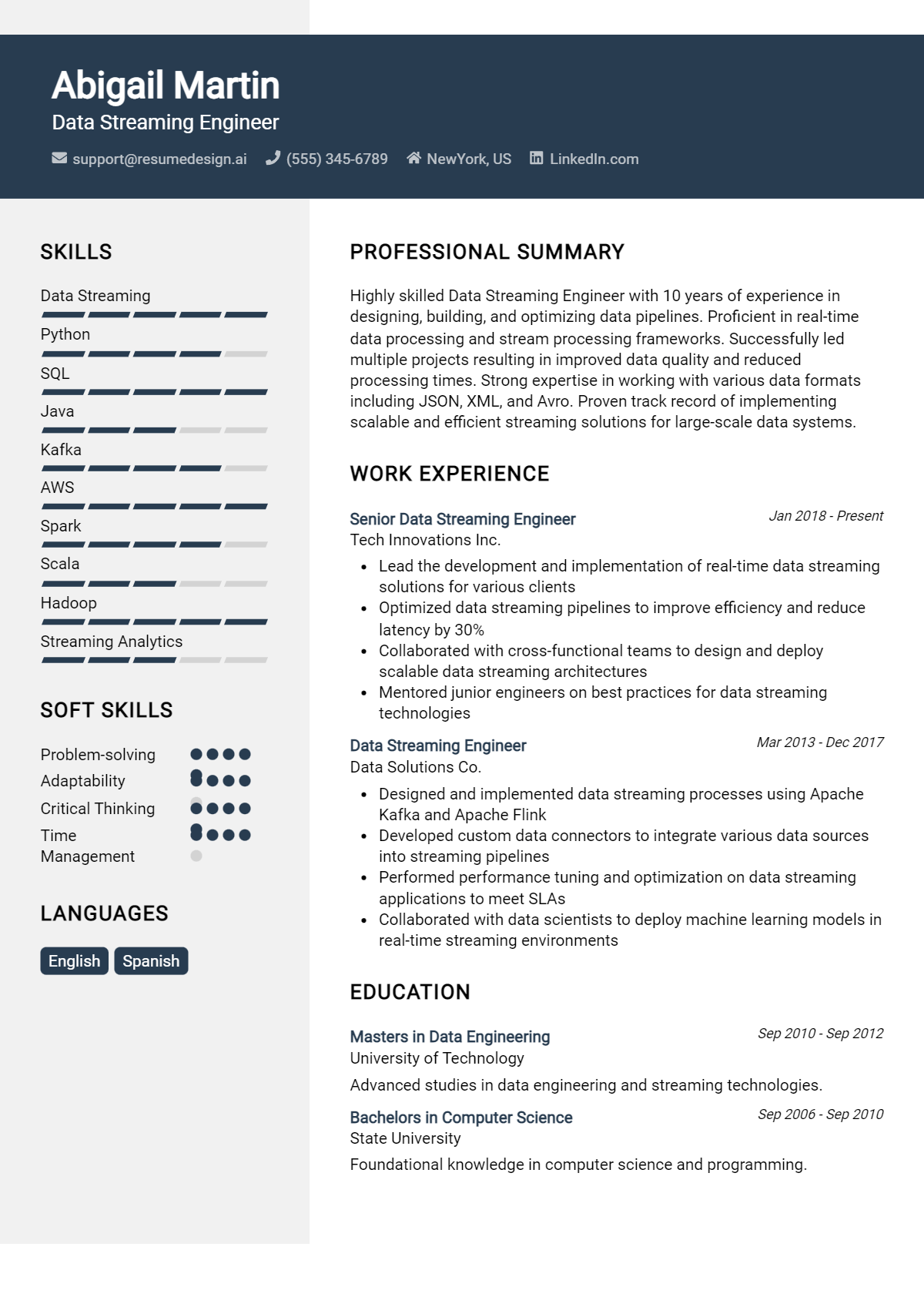 Data Streaming Engineer Resume Example