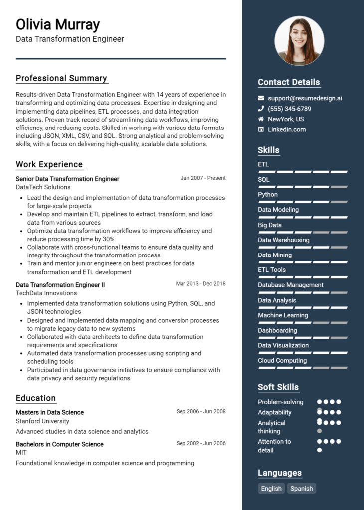 Data Transformation Engineer Resume Example