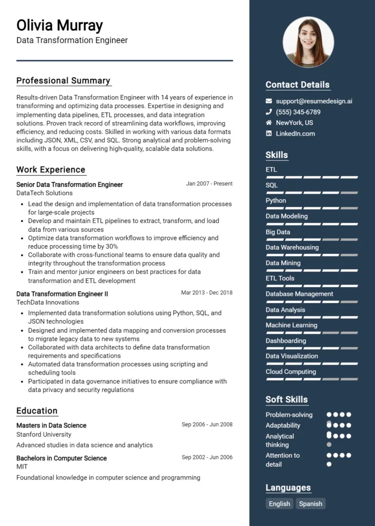 Data Transformation Engineer Resume Example