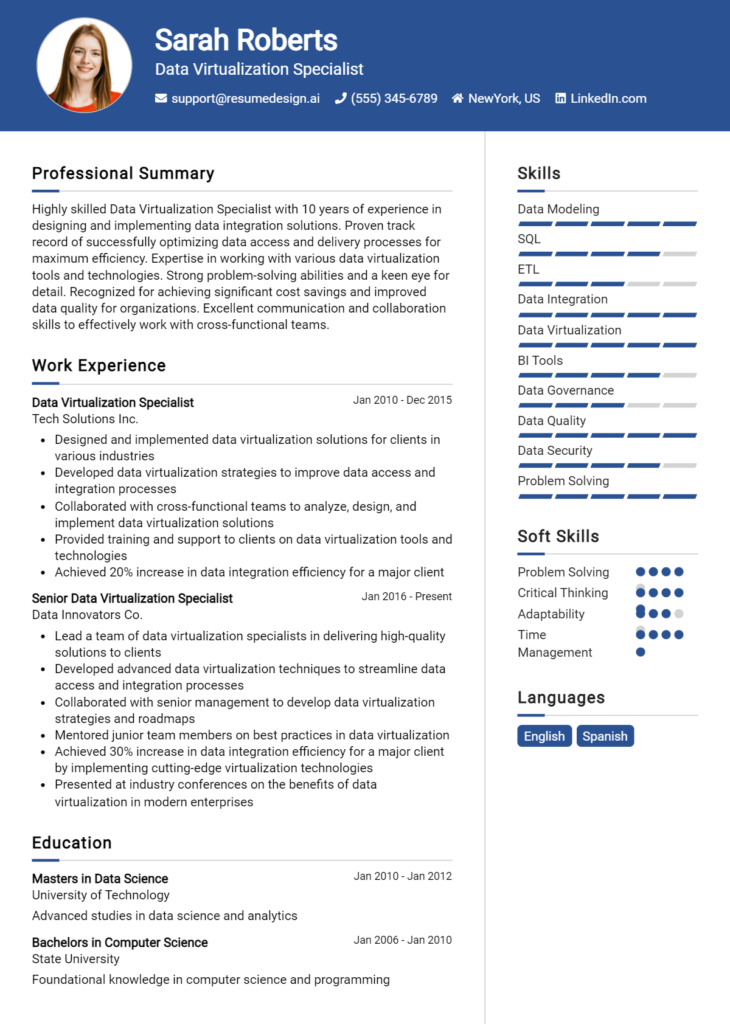 Data Virtualization Specialist Resume Example