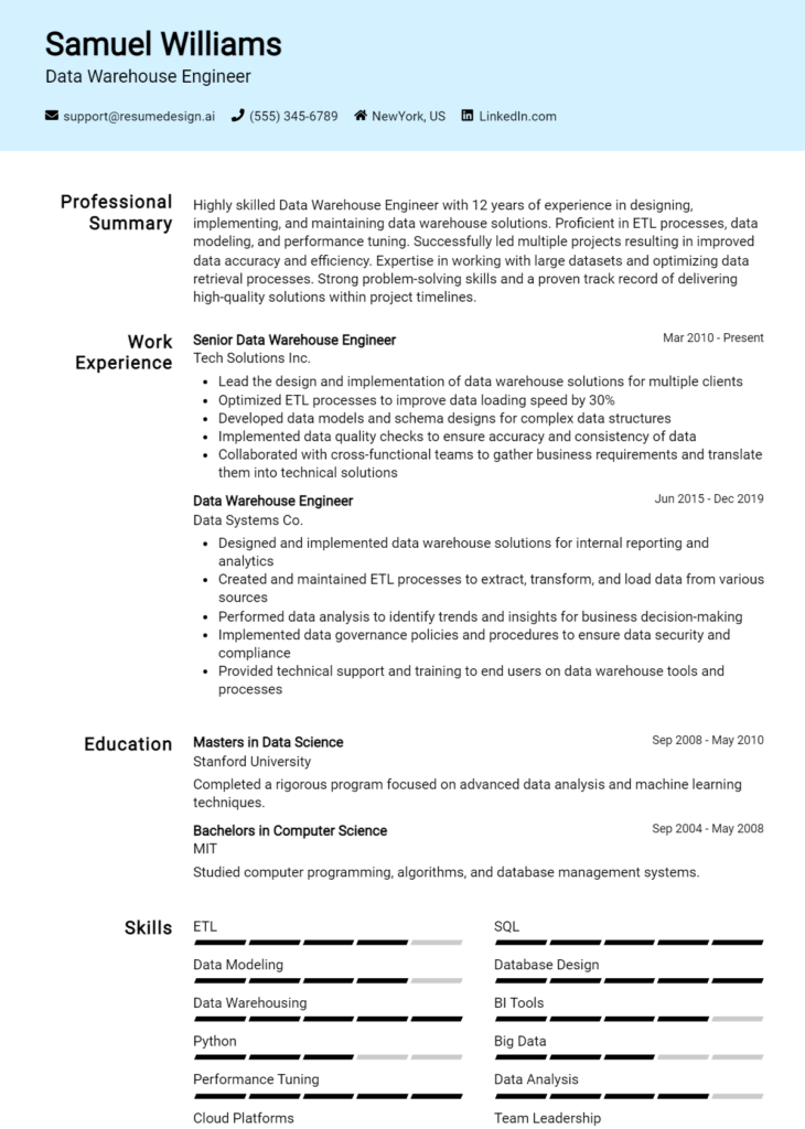 Data Warehouse Engineer Resume Example