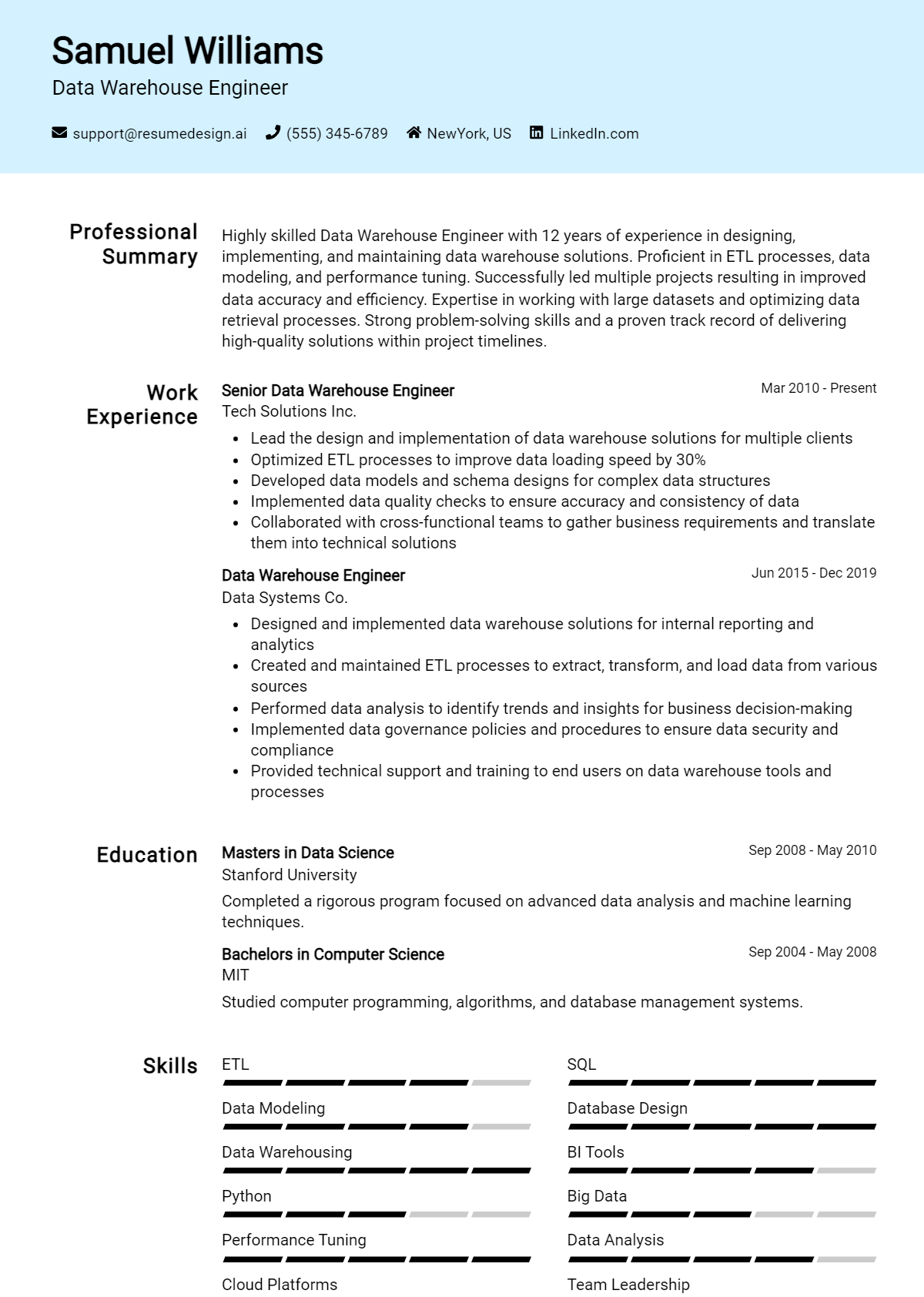 Data Warehouse Engineer Resume Example