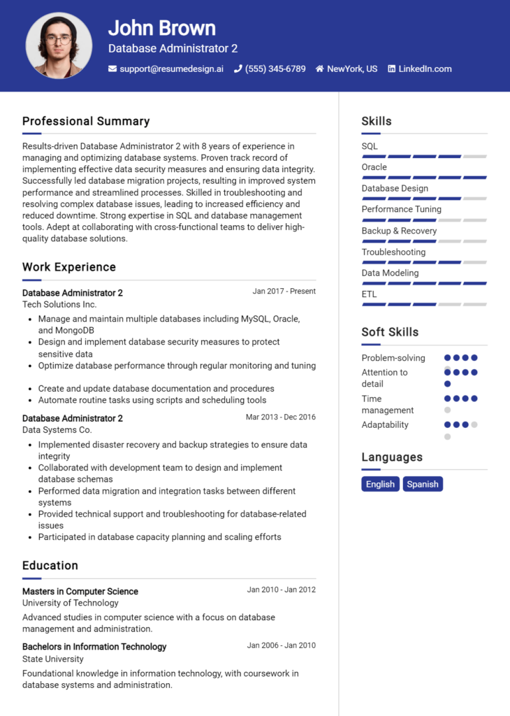 Database Administrator 2 Resume Example