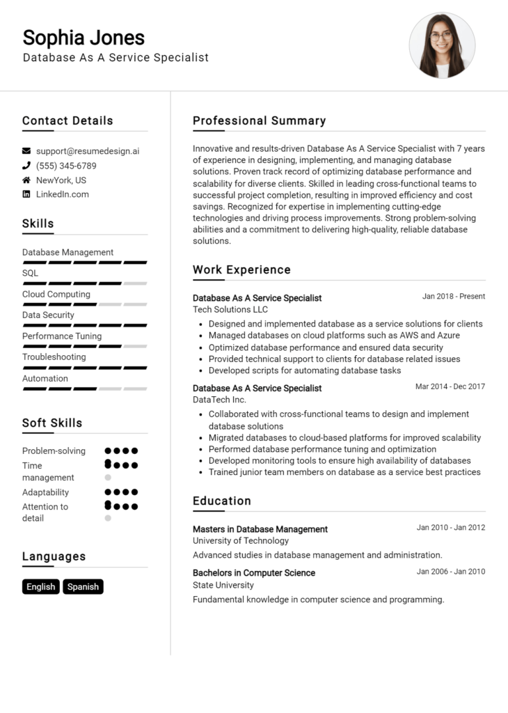 Database As A Service Specialist Resume Example